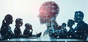 An advanced ai robot playing a leading role in a meeting with business professionals
