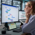 Confident manager in dark blue jacket sitting by table in front of laptop during video conference or meeting with subordinates