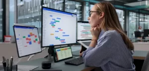 Project manager working on a desktopn and updating tasks and milestones progress planning