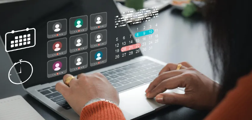 Woman working on laptop joined an online video conference with calendar and clock icon representing remote work scheduling and digital business collaboration
