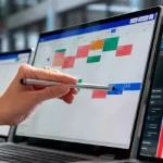 Employee management software open on desktop and human resources manager leads diverse team