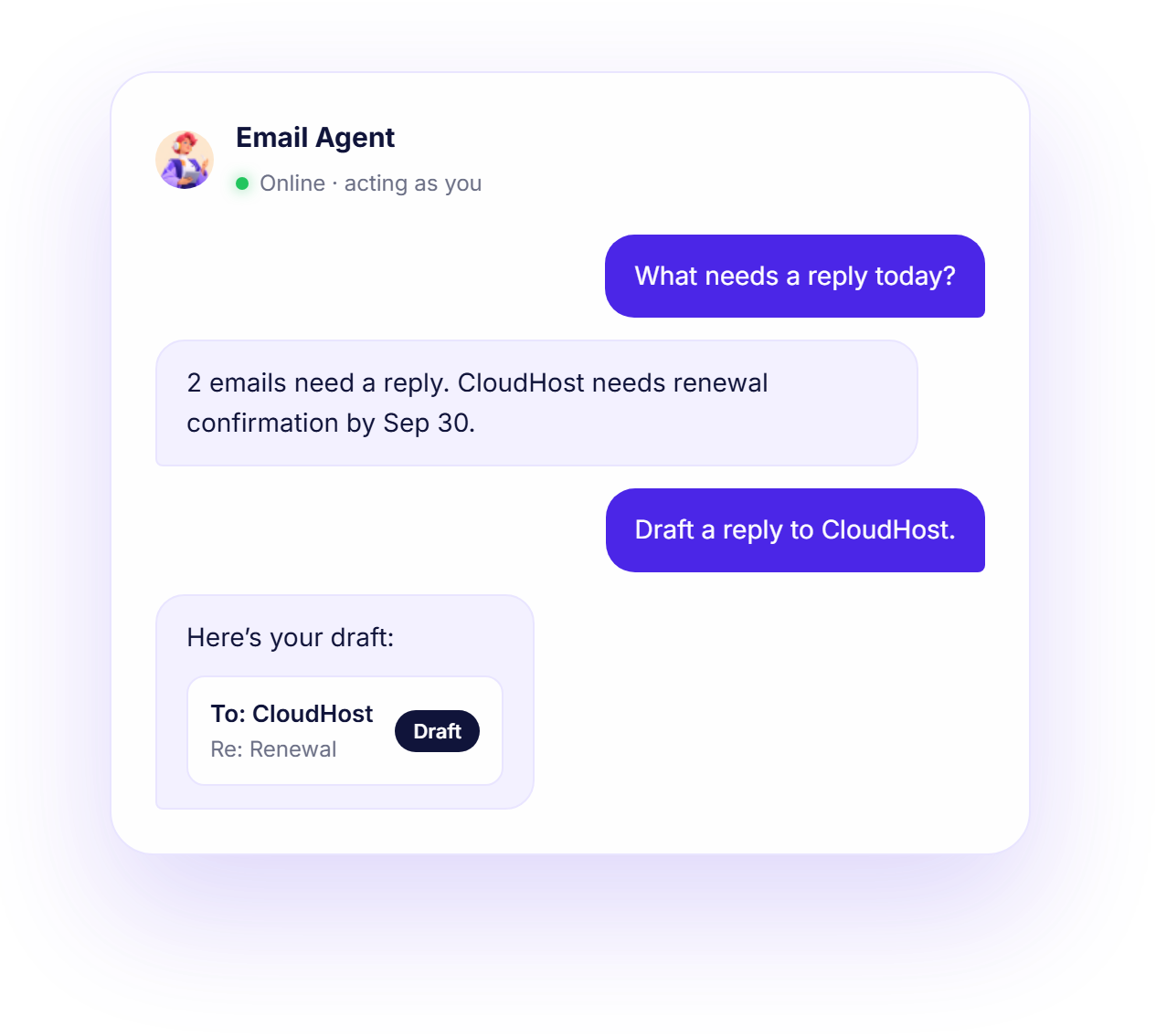 Email Agent conversation drafting a reply to CloudHost