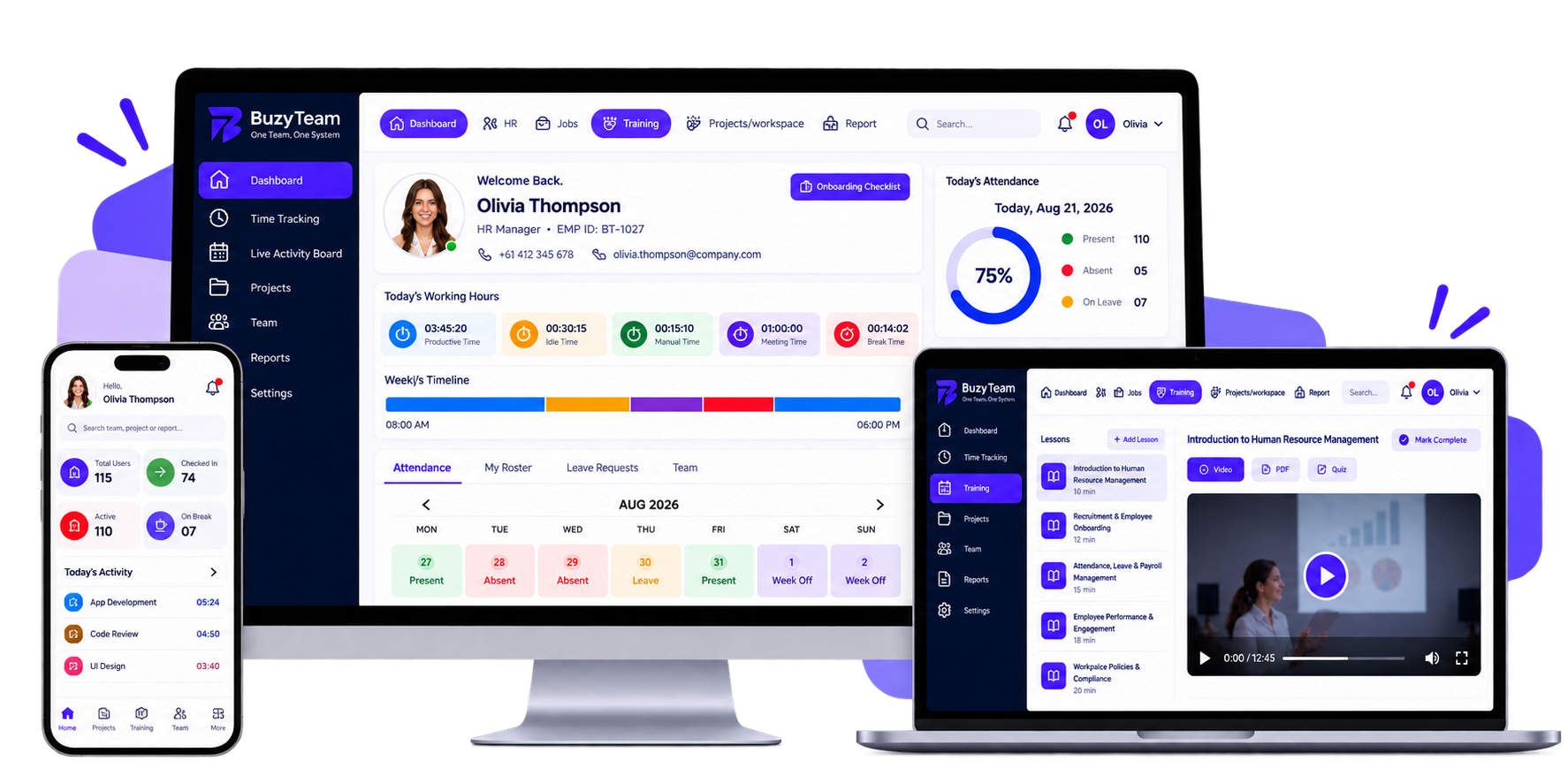 BuzyTeam on desktop, laptop and mobile, synced across devices